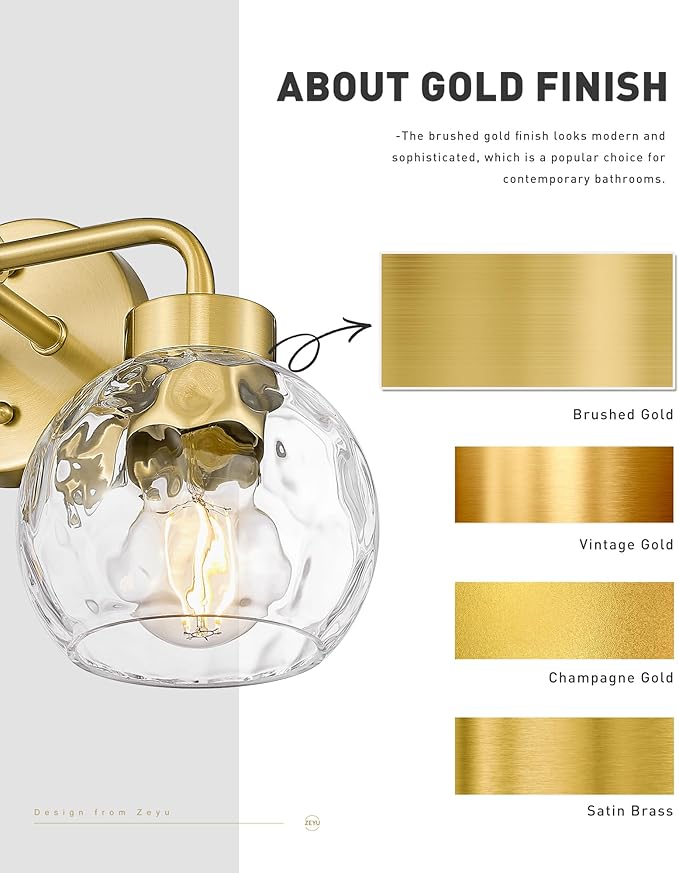 zeyu Globe Bathroom Vanity Light, 2-Light Vanity Light, Bathroom Lights Over Mirror with Water Ripple Globe Glass, Brushed Gold Finish, ZS62BG-2W BG-WG