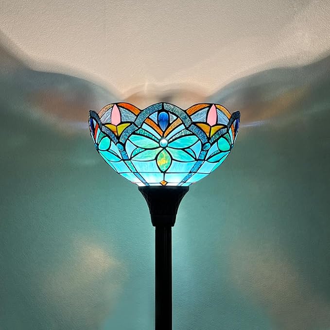 Tiffany Torchiere Floor Lamp - 70" Tall Antique Style Blue Stained Glass Corner Standing Light for Living Room, Bedroom & Home Office