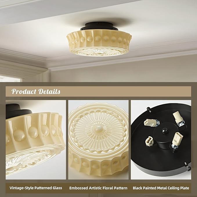 Schoolhouse Vintage Glass Ceiling Light - 14 Inch Cream Yellow Mid Century Modern Flush Mount Lighting Fixtures - Antique Art Deco Lamp for Bedroom Kitchen Entryway Laundry Hallway Foyer Bathroom Hall - Aura Lighting