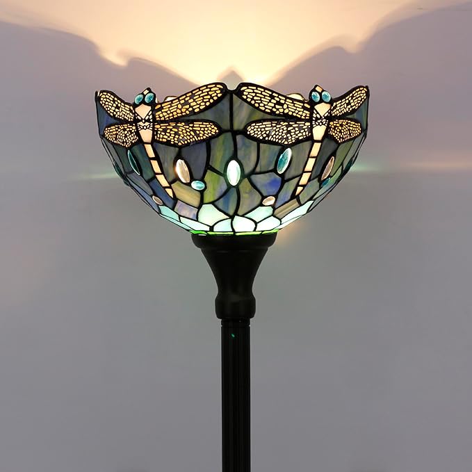Tiffany Torchiere Floor Lamp Stained Glass Blue Dragonfly Style Standing Corner Torch Uplight 12X12X72 Inch for Bedroom Living Room Home Office
