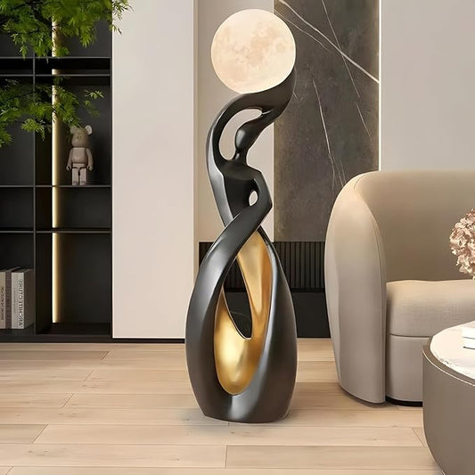 Bofea-Unique Floor Lamp with Moon Lamp,Creative Black Gold Standing Lamps,Art Deco Floor Light with Rechargeable Globe Lights,Modern Resin Accent Dancing Girls Statue for Living Room Bedroom Home