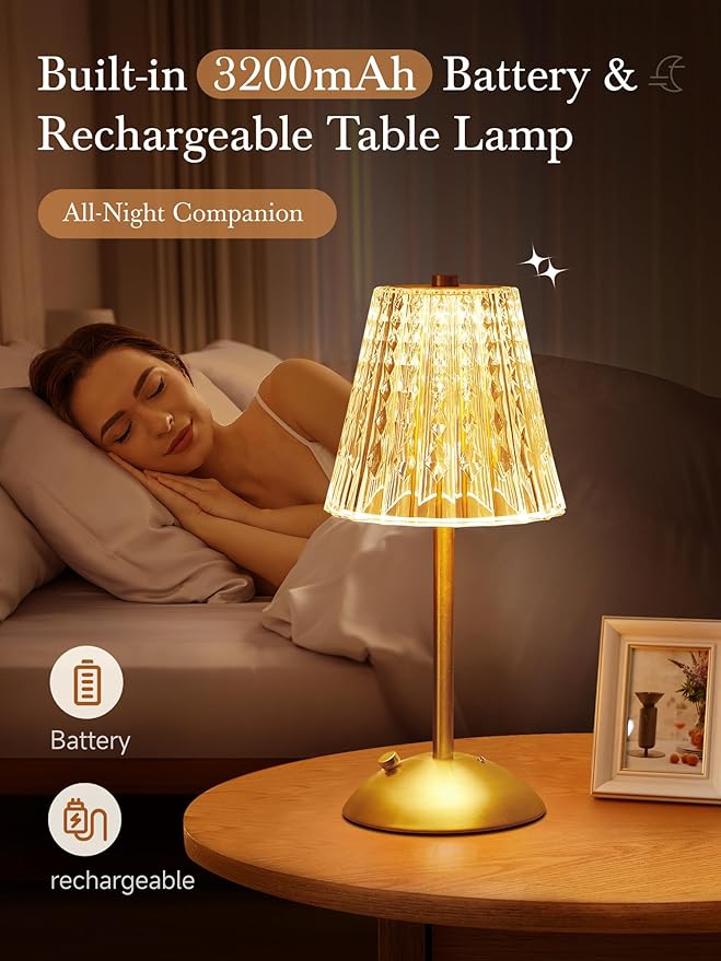 【3200mAh】Brass Table Lamp, 3 Colors+Dimmable+Touch Crystal Lamp LED Gold Lamp, Mood Lighting Mood Light, Brass Decor for Bedroom/Bathroom/Kitchen/Dinner/Bar/Entryway/Buffet, Traditional Home Decor