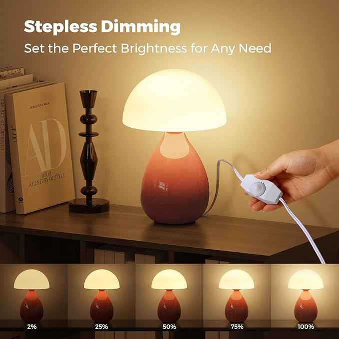 Mushroom Lamp, Vintage Small Table Lamp for Bedroom, Ice Crack Ceramic LED Night Light for Kids, Mid Century Modern Bedside Lamp for Nightstand, Living Room, Home Decor Gift Ideas for Women, Pink