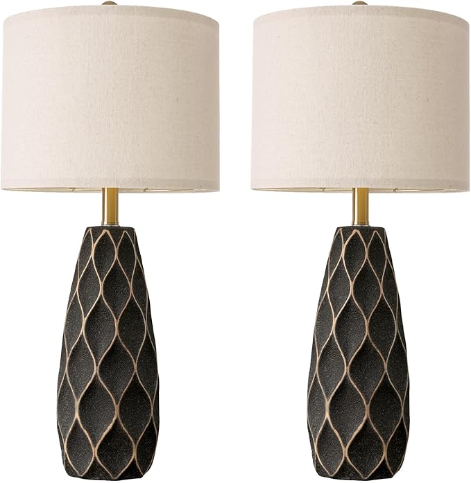PORTRES 27.5" Ceramic Table Lamps for Bedroom Living Room Lamps Set of 2 Modern Bedside Nightstand Lamp Farmhouse Vintage Rustic Boho Retro Large Table Lamps Light Home Office Desk Deco Gifts, Black - Aura Lighting