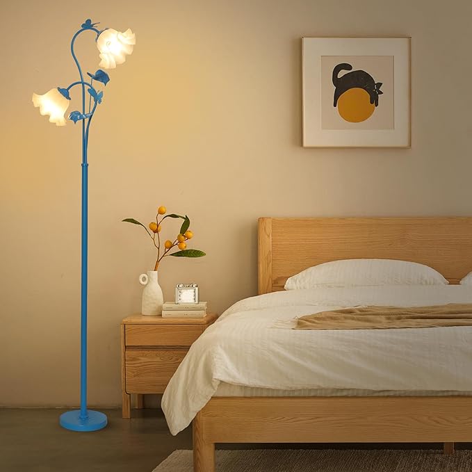 HMVPL Blue Floor Lamp for Living Room, Flower Standing Lamp with 2 LED 5W Blubs, Foot Switch, Floral Tall Lamp with Acrylic Shade, Antique Lotus Flower Floor Lamp for Living Room Office Reading - Aura Lighting