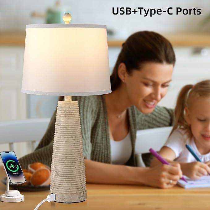 Terpsichore Nightstand Lamp Bedside Lamps Set of 2 Vintage Rustic Farmhouse Table Lamp 3 Way Dimmable Horizontal Stripe Light,for Living Room Bedroom,USB A+C (Pale Yellow, Hing 27 in)