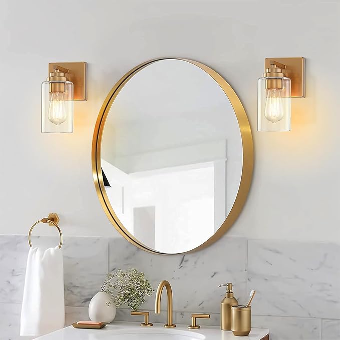 Pia Ricco Wall Sconces Set of 2, Bedside Wall Lamps with Rotary Switch for Bedroom, Modern Bathroom Light Fixtures with Clear Glass Shade, Gold Sconces Wall Lights for Living Room, Hallway, Kitchen - Aura Lighting