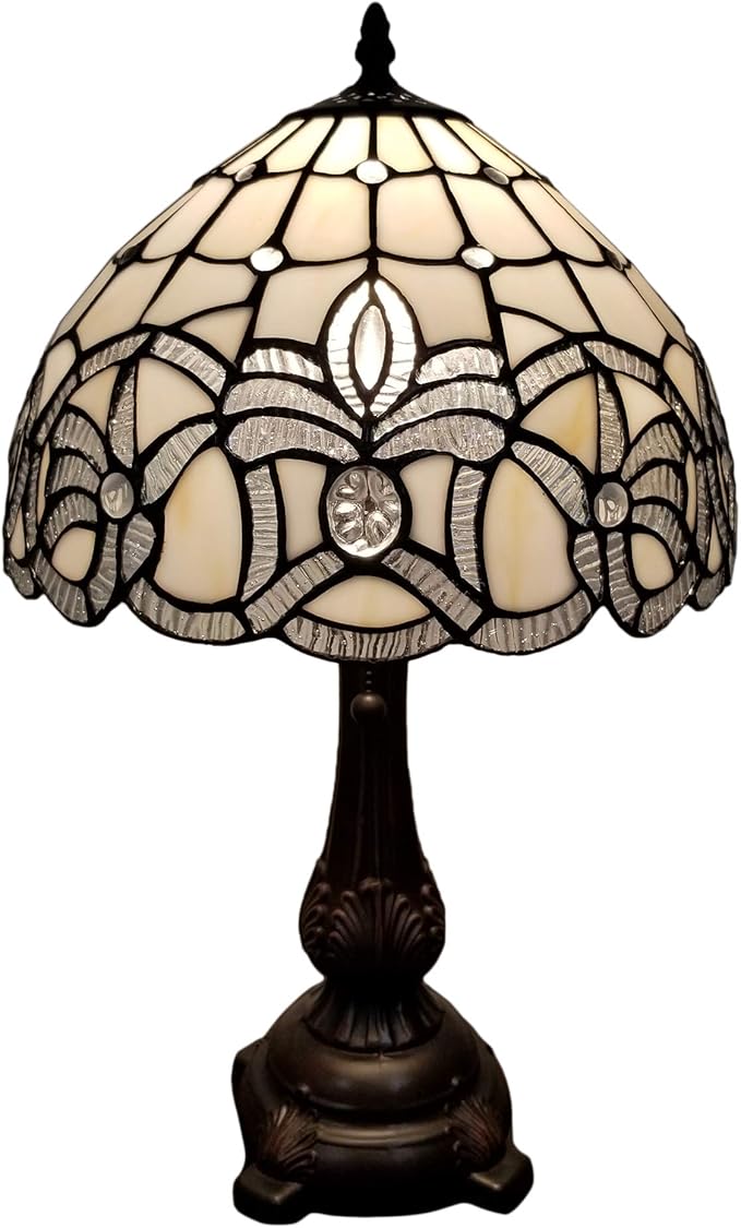 Tiffany Style Table Lamp Banker 19" Tall Stained Glass White Mahogany Elegant Floral Vintage Antique Light Décor Living Room Nightstand Bedroom Handmade Gift AM281TL12B Amora Lighting