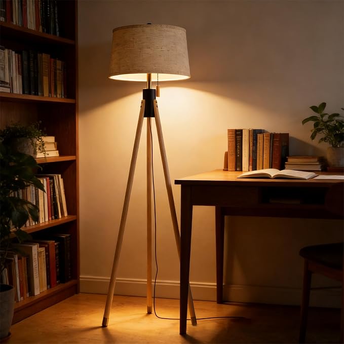 Mid Century Modern Tripod Floor Lamp, Gold Accented Two-Tone Solid Wood Floor Lamp with Black-Finished Solid Wood Center, Linen Shade & Pull Chain, Tall Lamp for Living Room Bedroom Reading Corner