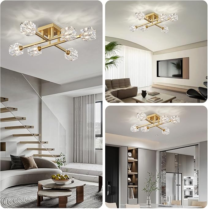 XINGQI Modern Ceiling Light Sputnik 6-Light Semi Flush Mount Ceiling Light Fixtures, Mid Century Antique Gold Chandeliers for Bedroom Dining Room Powder Room - Aura Lighting