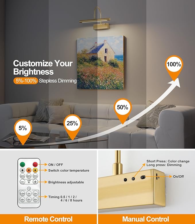 Wireless LED Picture Light, Coredless Art Lighting for Wall, Brass Battery Frame Light with Remote, 3 Color Tone & Dimmable,12 inch Wall Decor Light for Art Display,Hallway,Study Room