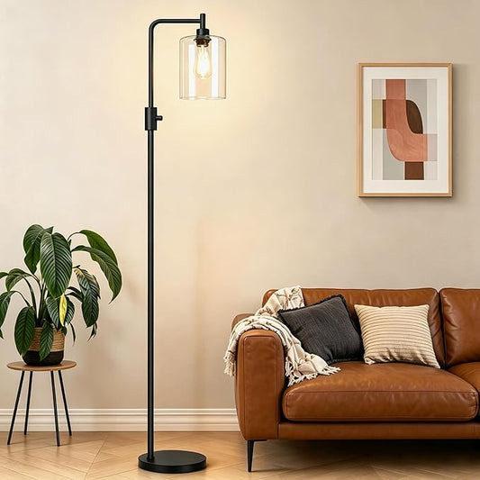 【Upgraded】Dimmable Floor Lamp for Living Room with Glass Shade, Black Modern Industrial Floor Lamp with 900LM LED Bulb Included, Bright Standing Tall Lamp for Bedroom, Office, Reading Room, Corner