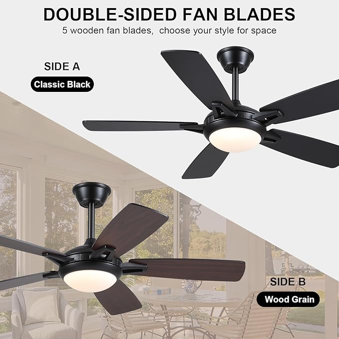 Ceiling Fans with Lights and Remote, 46 Inch Modern Ceiling Fan with Light, Black Ceiling Fans for Bedroom Living Room Indoor/Outdoor, Reversible Quiet Motor, Dimmable LED Light, Black