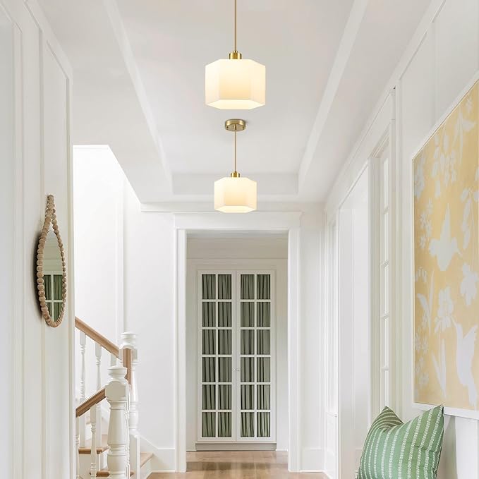 1 Pack Milk Glass Pendant Lights Kitchen Island, Modern Gold Hanging Light Fixture, Mid-Century Hexagonal Ceiling Lamp, Mini Farmhouse Chandelier for Dining Room Sink Bathroom Bedroom Hallway