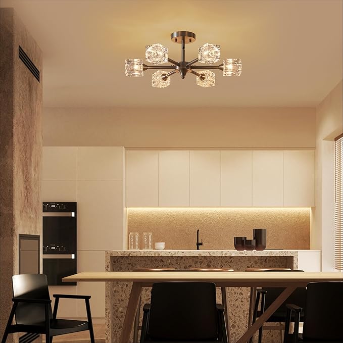 XINGQI Brushed Nickel Chandelier 6-Light 20" Semi Flush Mount Ceiling Light Fixture Modern Round Sputnik Chandelier for Bedroom Entryway Dining Room Living Room - Aura Lighting