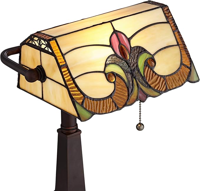 Robert Louis Tiffany Fleura Traditional Tiffany Style Piano Banker Desk Table Lamp 17" High with AC Power Outlet Bronze Floral Art Glass Shade Decor for Bedroom House Bedside Nightstand Home Office