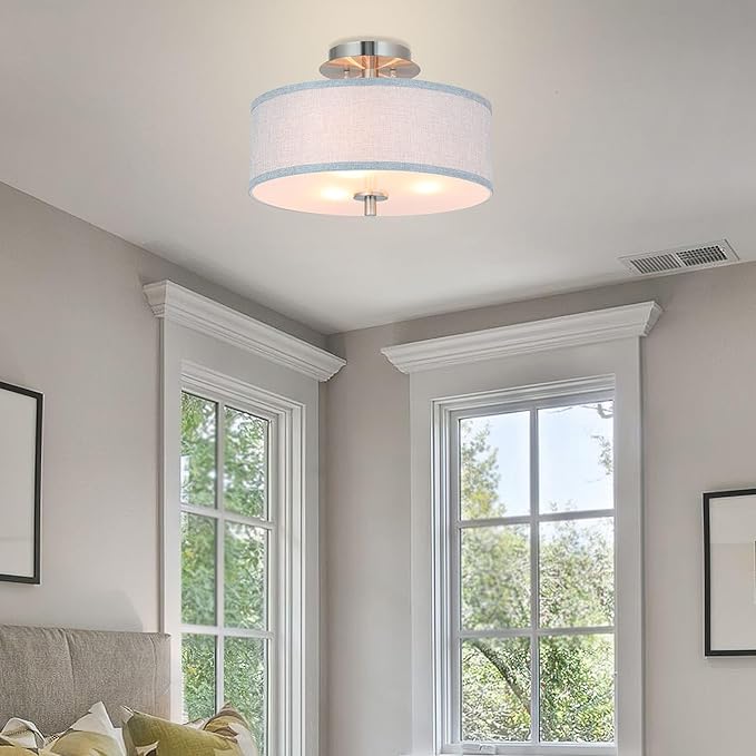 XiNBEi Lighting Semi Flush Mount Ceiling Light, 14" Drum Light Fixture with Grey Fabric Shade, 3-Light Brushed Nickel Ceiling Lamp for Bedroom Living Room Kitchen Hallway