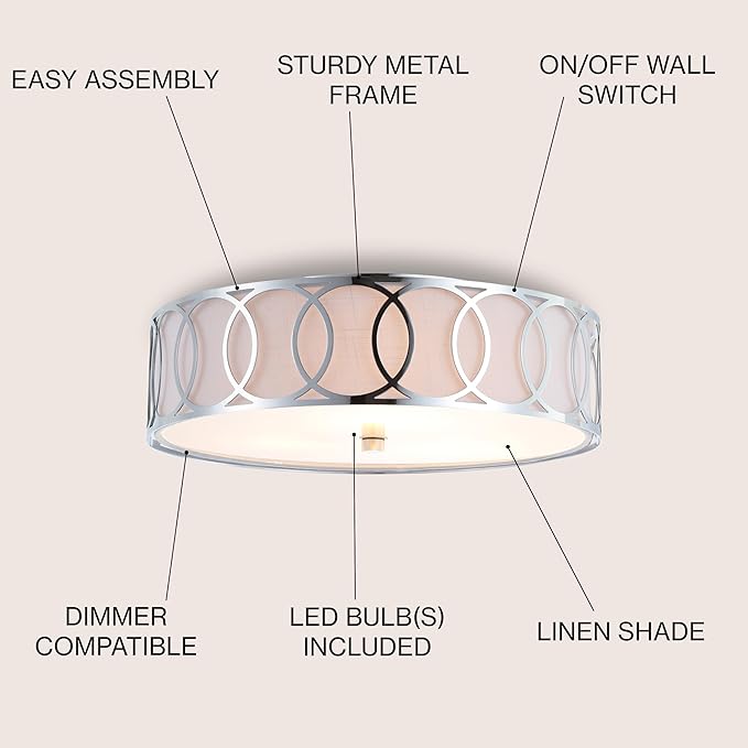 JONATHAN Y 12.25" Chrome Modern Metal LED Flush Mount Ceiling Light for Bedroom Hallway, White Linen Drum Shade with Geometric Fretwork, LED Bulbs Included (JYL3503B)