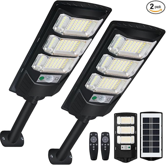 Solar Outdoor Light 2 Pack, 144 LED 6500K Dusk to Dawn Solar Powered Street Light IP65 Waterproof Motion Sensor Security Flood Light with Remote Control Smart Light for Patio Barn Yard Garage