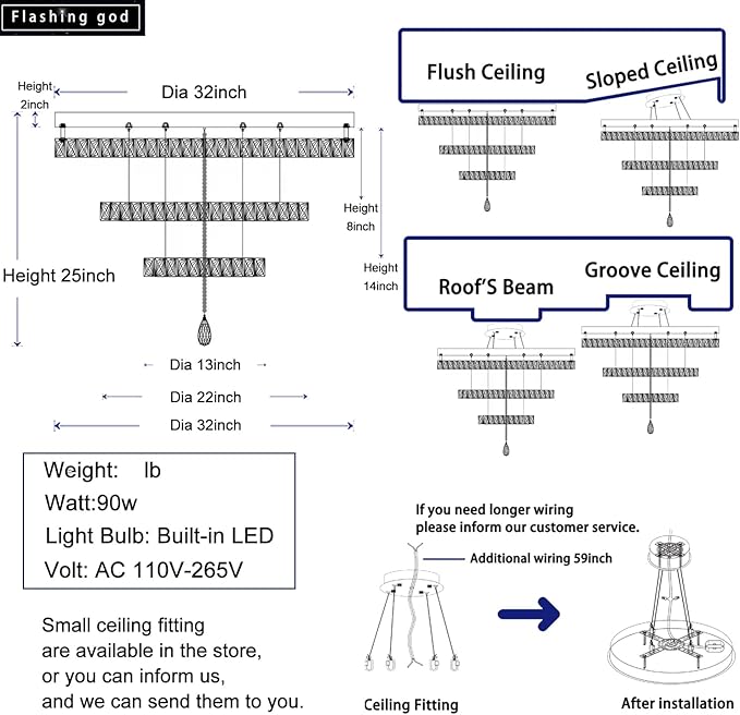 Flashing God Dia 32'' Modern Chandeliers for Living Room Crystal Flush Mount Ceiling Chandelier Large Chandeliers for Dining Room Bedroom LED Dimmable 3000-6000K Chrome