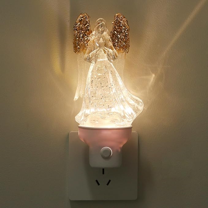 1 Pack Christmas Angel Night Light Plug into Wall Glitter Water Nightlight with USB/Outlet Options, Christmas Decorative Nightlight for Bedroom Kitchen Nursery Holiday Decorations Gifts (Angel)