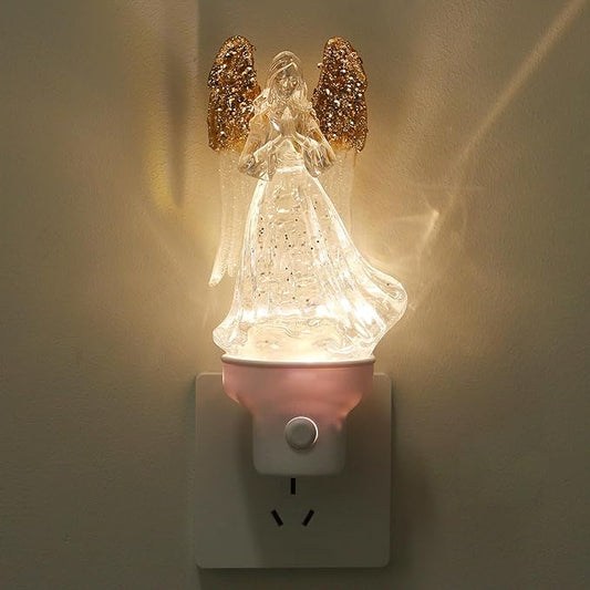 1 Pack Christmas Angel Night Light Plug into Wall Glitter Water Nightlight with USB/Outlet Options, Christmas Decorative Nightlight for Bedroom Kitchen Nursery Holiday Decorations Gifts (Angel)