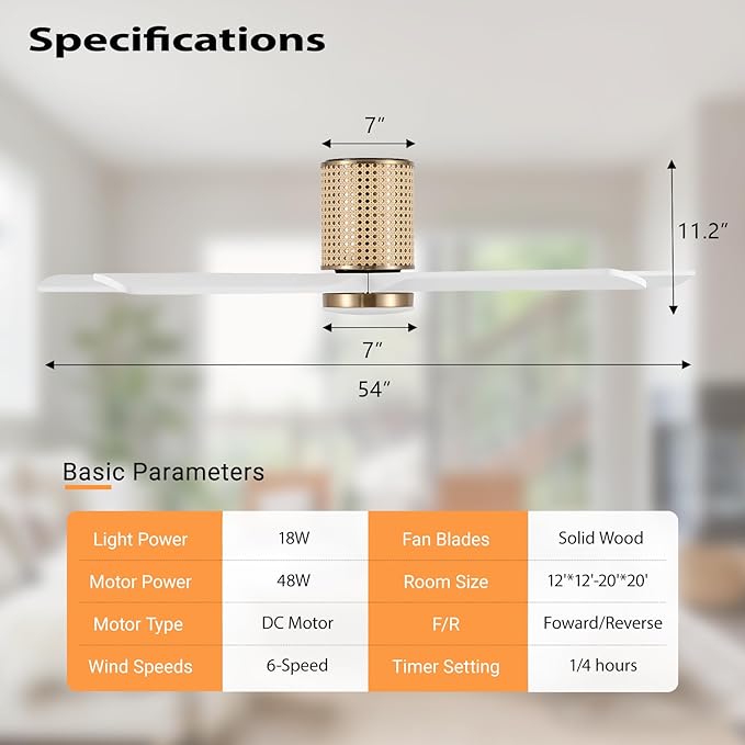 54" Ceiling Fan with Light - Low Profile Flush Mount Ceiling Fan, 6-Speed Remote Control, Solid Wood, Quiet Reversible DC Motor, White/Gold Finish, for Bedroom, Living Room, Porch - Aura Lighting