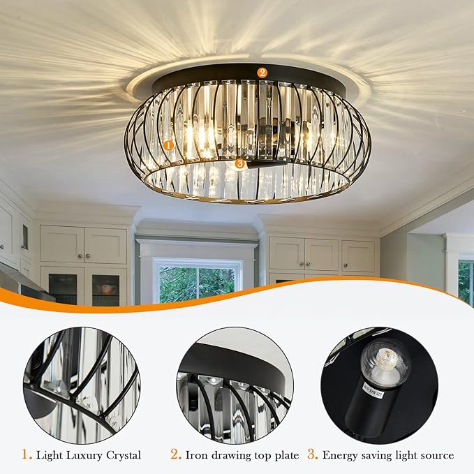 YYJLX 3 Light Flush Mount Ceiling Light Fixtures Modern Crystal Chandelier Black E26 Indoor Lighting for Hallway Bedroom Bathroom Foyer Living Room Dining Room Kitchen.