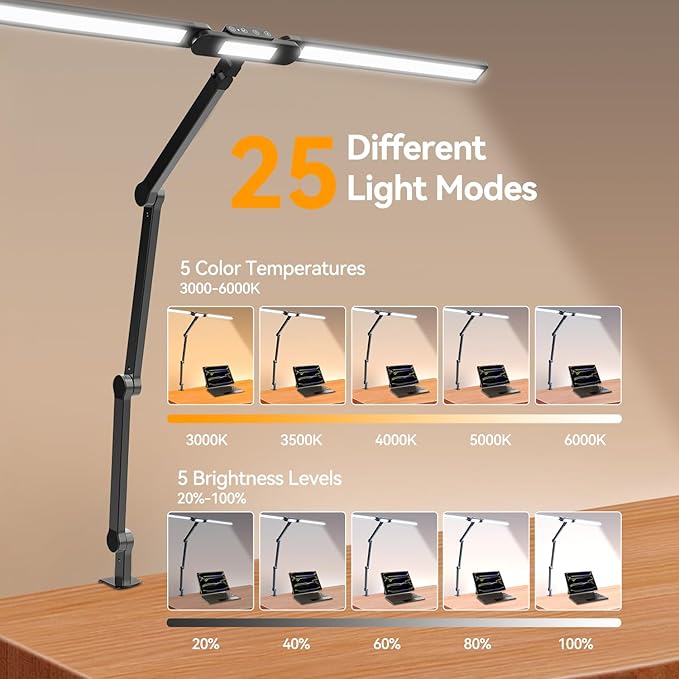 LED Architect Desk Lamp with Clamp - 24W Ultra Bright Adjustable Swing Arm Light for Home Office, 3000 Lumen Auto Dimming Computer Lamp with Stepless Touch Control, Rotatable for Video Calls, Drafting - Aura Lighting