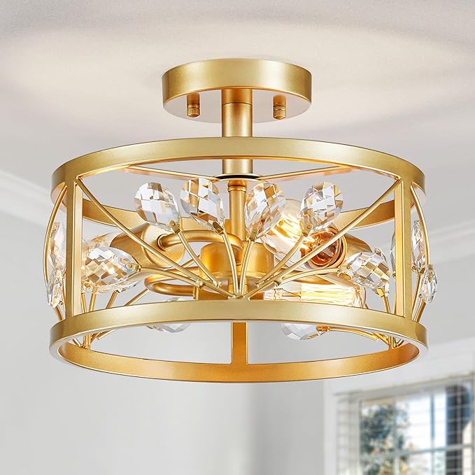 WUZUPS Crystal Leaf Chandelier 3-Light Vintage Farmhouse Industrial Semi-Flush Mount Ceiling Light Modern Lighting Fixture for Foyer Bedroom Hallway Storage Room Kitchen Bathroom, H 8.5" W 12", Gold