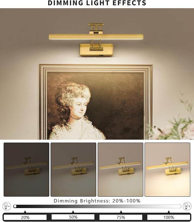 Rechargeable Lights for Pictures on Wall Battery Operated Brass 15.7 Inch Wall Lights with Swing Arm and Timer Function Cordless Art Light with Remote Timer for Paintings,Gallery