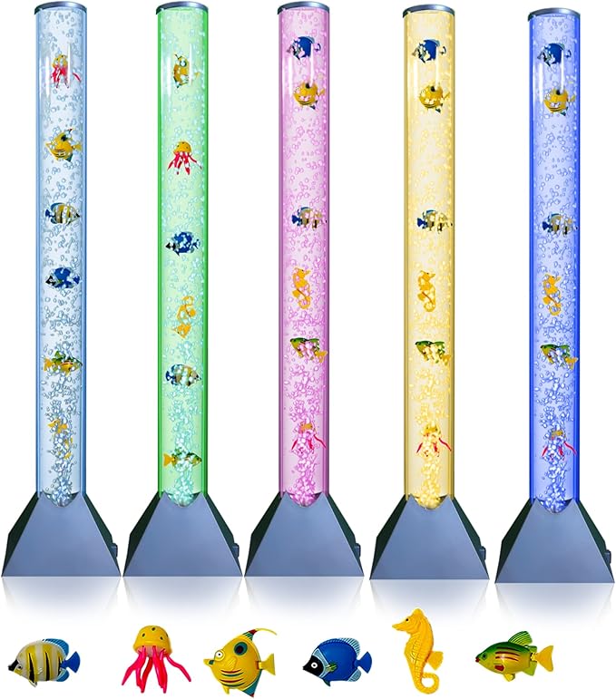 Brewish Sensory Bubble Floor Lamp | 7 Color Changing LED Mood Night Light | Sensory Lights for Autistic | Fake Aquarium Water Tube Lamps | Gift for Kids, Men & Women | Blue Base - 3 Feet Tall