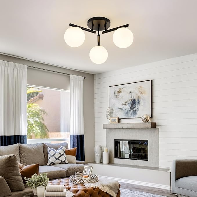 3 Light Modern Sputnik Semi Flush Mount Ceiling Light, Black Sputnik Ceiling Light Fixture, 21.65 '' Milky Glass Globe Mid Century Modern Ceiling Lights for Bedroom Hallway Living Room