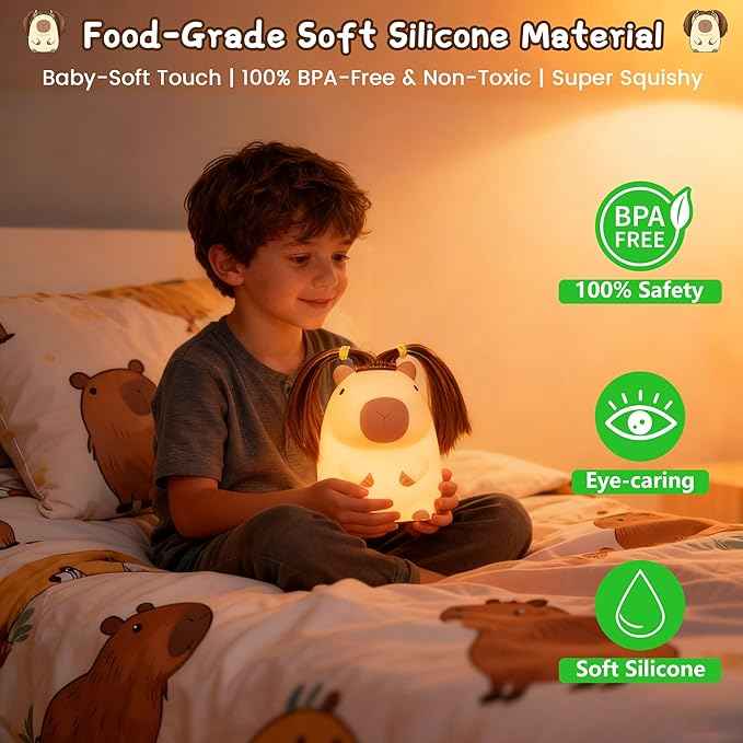 Cute Capybara Night Light with DIY Hairstyle ,Squishy Silicone Lamp, Nursery Nightlight for Kids, Rechargeable Touch Bedside Lamp, Bedroom Decor, Baby Boys Girls,White Elephant Gifts,Funny Xmas Gifts