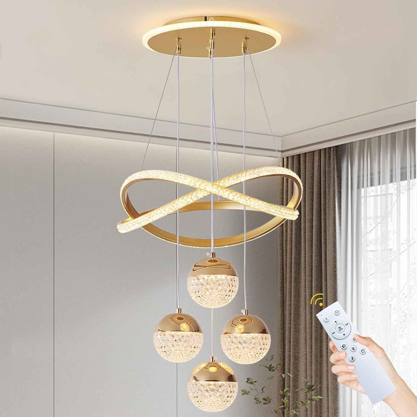 Gold LED Chandeliers, 3-Color Dimmable Pendant Light Dining Room Light Fixtures for Kitchen Island Adjustable Modern Chandeliers for Dining Room Living Room Bedroom
