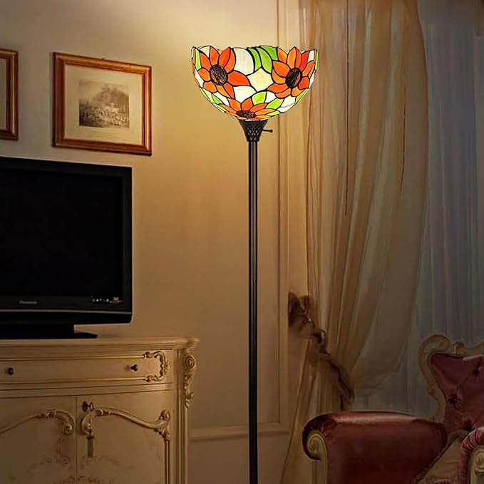 Tiffany Lamp Shade Replacement, 12" Stained Glass Sunflower Lampshades, Vintage Orange Yellow Blue Flower Light Cover Only 1-5/8-Inch Fitter Opening for Arched Floor Lamp Torchiere Lamp,Beige