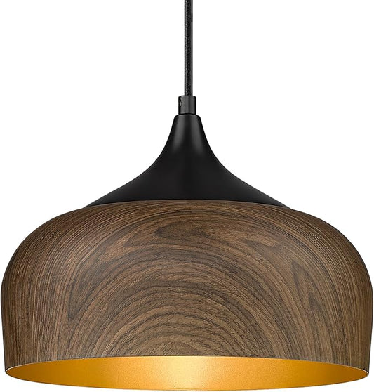 ELYONA Modern Pendant Light Walnut Wooden Pattern Dome Pendant Light Fixture Matte Black Metal Gold Inner Finish Adjustable Hanging Lighting for Kitchen Island Dining Room Office Hallway Foyer Bedroom