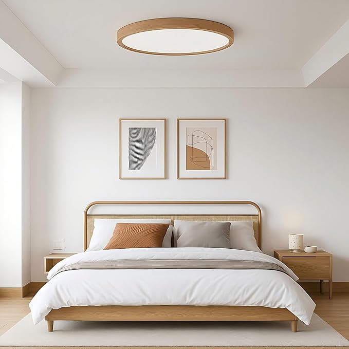 Ultra-Thin LED Ceiling Light Fixture 16.53", Handcrafted Natural Wood Modern Wabi-Sabi Style, Slim 2.5cm Profile, 37W LED 3000K-4000K-6000K, Round Minimalist Lamp for Bedroom Kitchen Hallway
