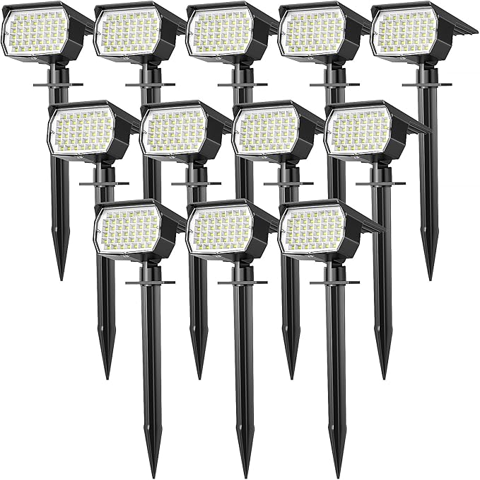 Solar Spot Lights Outdoor Waterproof IP65, 12 Pack Landscape Spotlights with 46 LEDs, 3 Modes Auto On/Off Solar Powered Flood Lights for Outside Pathway, Yard, Garden, Walkway (Cool White) - Aura Lighting