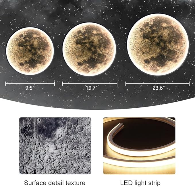 Large Moon Wall Sconce Plug in Modern LED Dimmable Moon Lamp with Remote Control Wall Lights Indoor Wall Mounted Lighting Ceiling Light for Living Room Bedroom (9.5 in)
