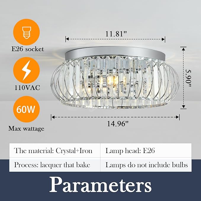 YYJLX 3 Light Flush Mount Ceiling Light Fixtures Modern Crystal Chandelier Chrome Chandelier for Hallway Bedroom Bathroom Foyer Entryway Laundry Room Kitchen.