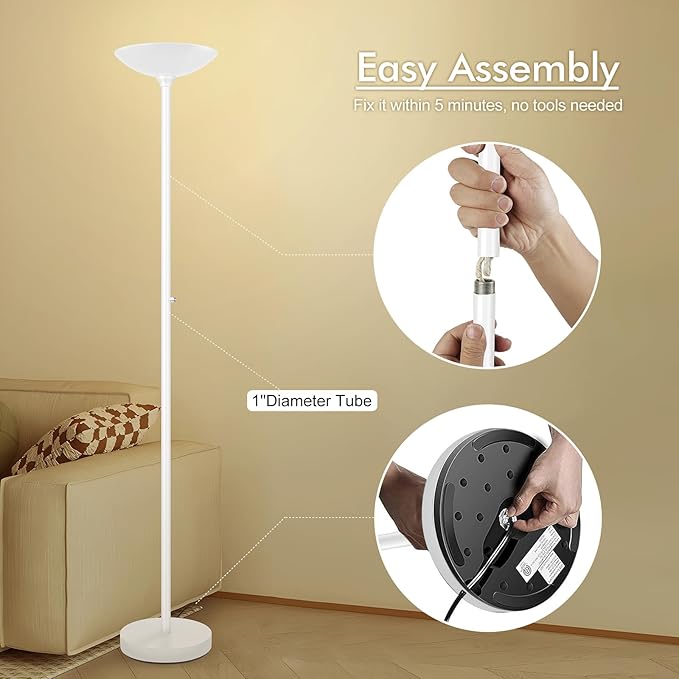 30W Torchiere Floor Lamp - 3600LM Super Bright LED Floor Lamp, 71 Inch Stepless Dimmable Standing Lamp with 3000K Lighting, Rotary Switch, Tall Metal Torch Floor lamps for Living Room/Bedroom (White) - Aura Lighting