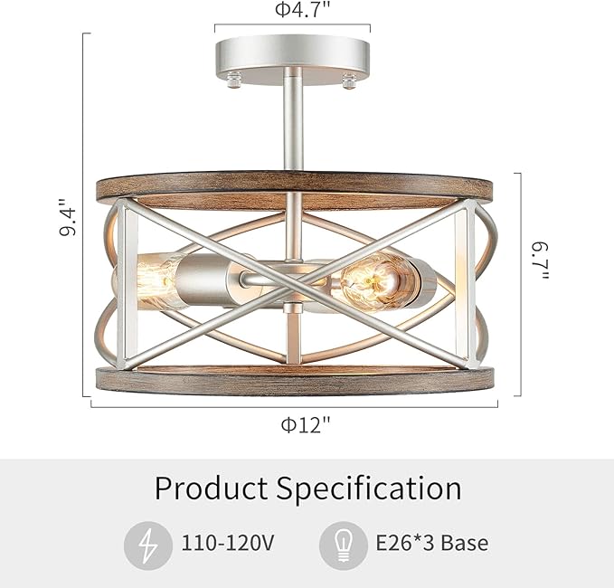 WUZUPS Chandelier 3-Light Vintage Farmhouse Industrial Imitation Wood Grain Semi-Flush Mount Ceiling Light Lighting Fixture for Foyer Hallway Storage Room Kitchen Bathroom, H 9.4" W 12", Nickel