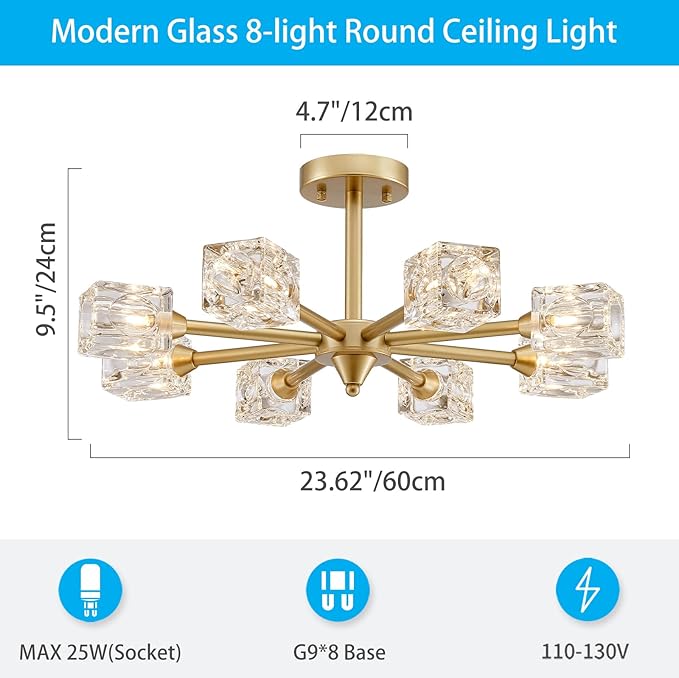 XINGQI 8-Light Semi Flush Mount Ceiling Light Fixture Modern Antique Gold Sputnik Chandeliers Fashion Lighting for Bedroom Dining Room Farmhouse Kitchen Office - Aura Lighting
