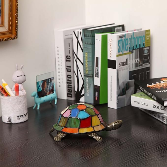 Bieye L10594 Turtle Tiffany Style Stained Glass Accent Table Lamp Night Light for Bedside Living Room (Multi-Colored)