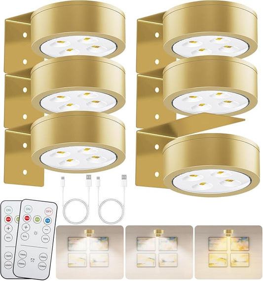 Wireless Magnetic Picture Lights LED Mural Light Rechargeable Battery-Powered Wall Frame Lights with 3 Lighting Modes, Remote Control, and Timer 6Pack Gold