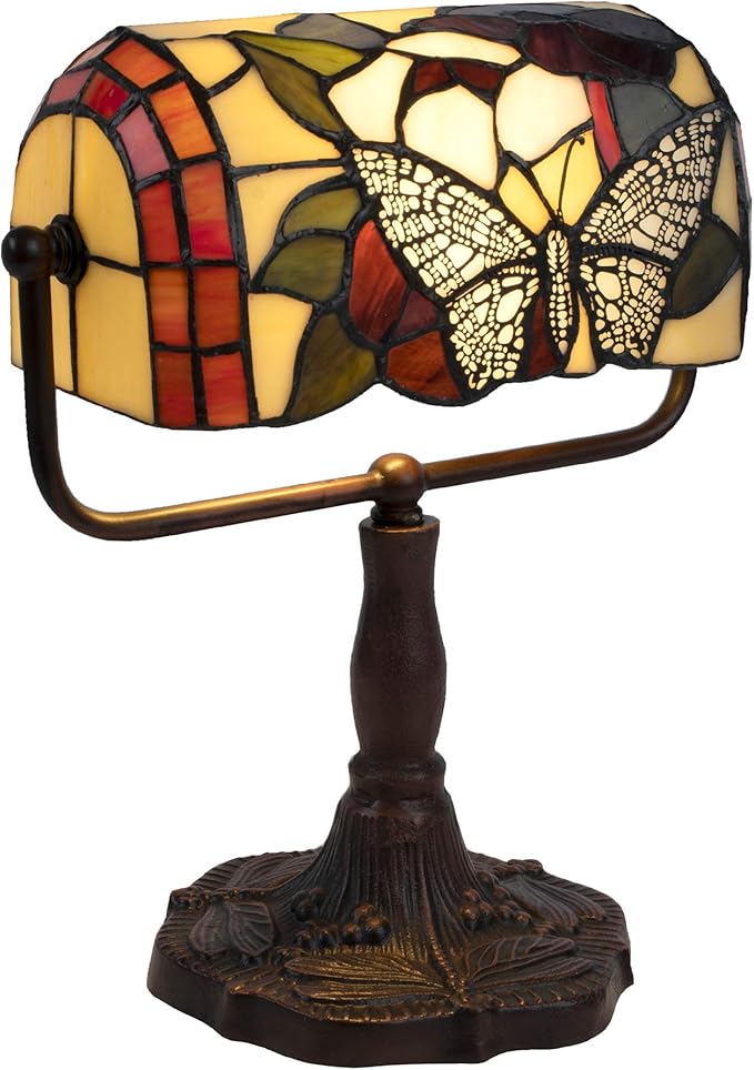 Tiffany Style Bankers Lamp-Stained Glass Butterfly Design Table or Desk Light LED Bulb Included-Vintage Look Colorful Accent Decor by Lavish Home