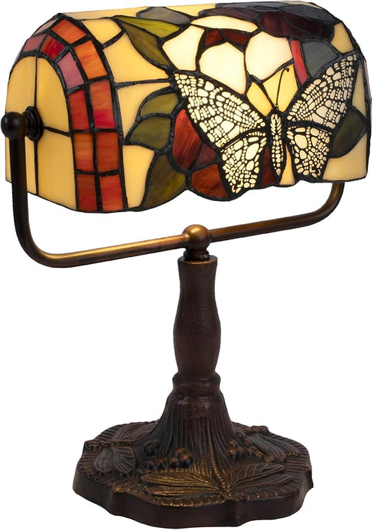 Tiffany Style Bankers Lamp-Stained Glass Butterfly Design Table or Desk Light LED Bulb Included-Vintage Look Colorful Accent Decor by Lavish Home