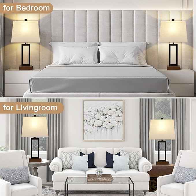 Table Lamps Set of 2 with 2 USB Ports and AC Power Outlet, Modern Bedside Lamp, Wood Nightstand Lamp with Linen Shade for Living Room Bedroom End Table Hotel Desk(LED Bulb Included)