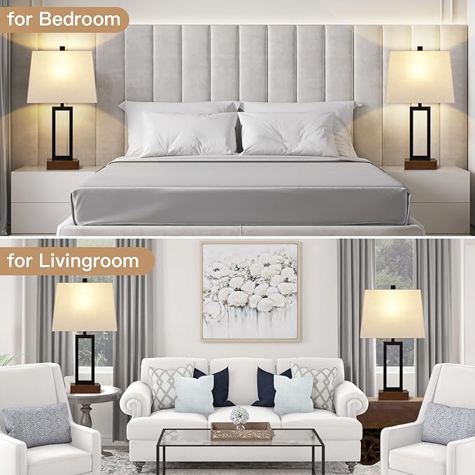 23.5" Table Lamps Set of 2, Modern Black Bedside Lamps with 2 USB Ports & AC Outlet, Contemporary Nightstand Lamps with Wood Base for Bedroom Living Room(LED Bulb Included) - Aura Lighting